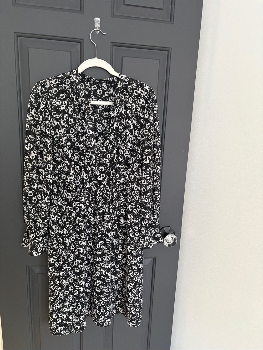 J. Crew Black and White Floral V-Neck Long Sleeve Dress